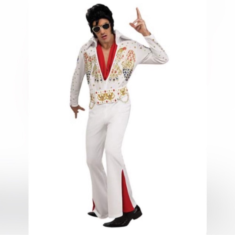 ELVIS 3 Pc “Deluxe” Men’s Halloween Costume- Includes , White Suit, Belt & Scarf